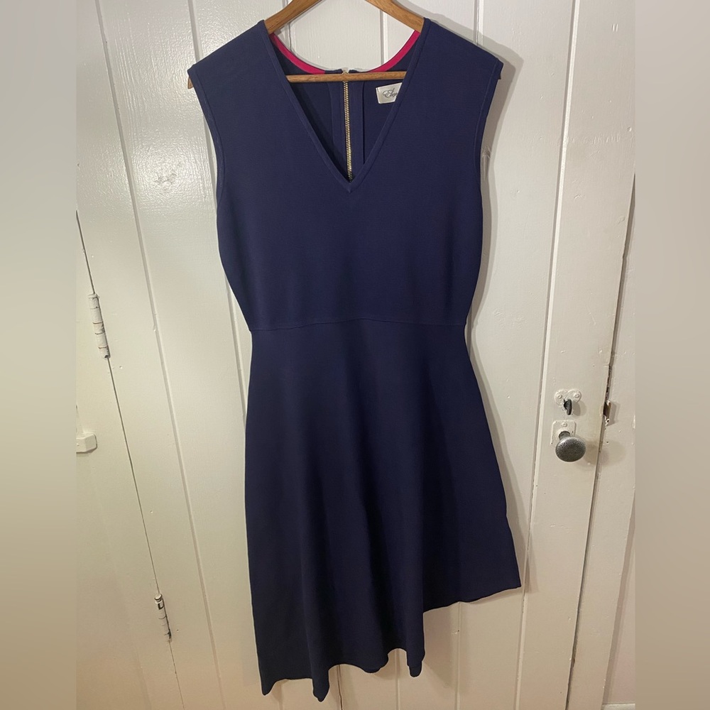 ELIZA J KNIT FIT & FLARE DRESS, SIZE L‎ Navy Dark Blue Gold Zipper